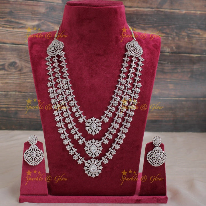 Sparkling American diamond multi layer silver poslish long necklace - Sparkle and Glow - Back Thread - 