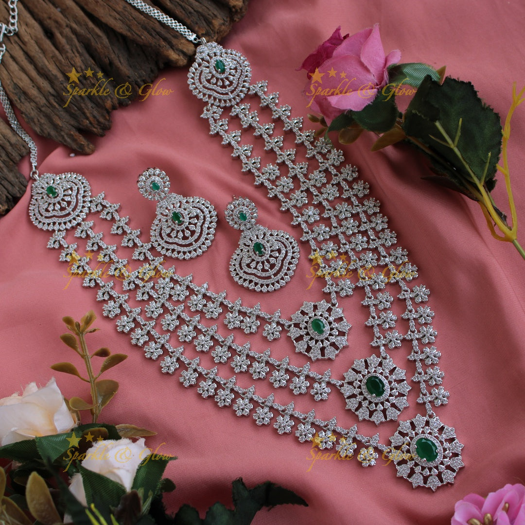 Sparkling American diamond multi layer silver poslish long necklace with sapphire - blue