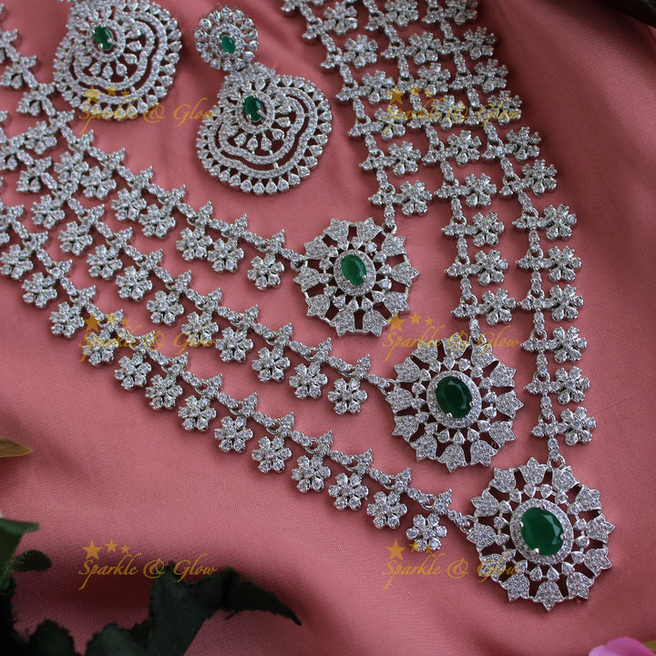 Sparkling American diamond multi layer silver poslish long necklace with emerald - green