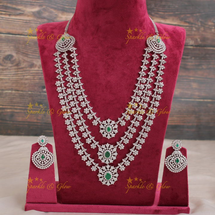 Sparkling American diamond multi layer silver poslish long necklace with emerald - green