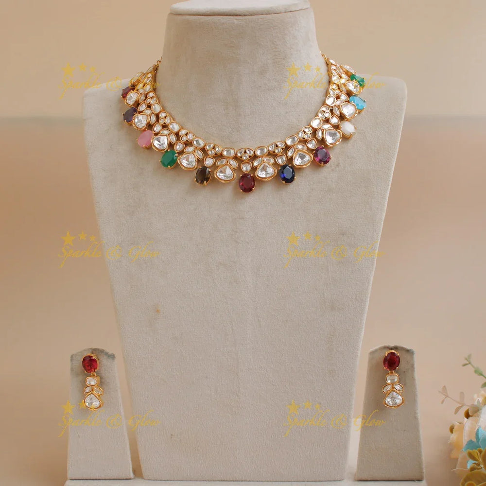 Gorgeous leaflet design jadau short necklace with emeralds - white and green - Sparkle and Glow