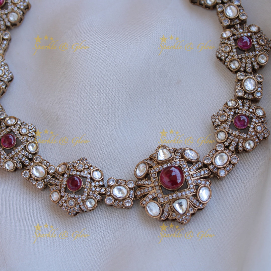 Beautiful floral design victorian AD short necklace with ruby - red