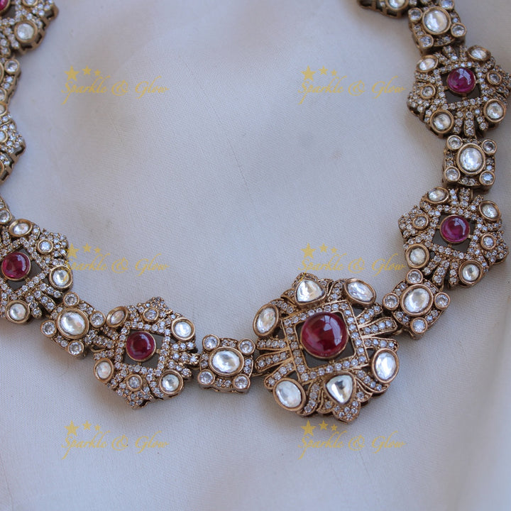 Beautiful floral design victorian AD short necklace with ruby - red
