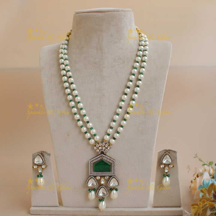 Exclusive unique pink stone pendent Victorian AD haram with two layer pearl and pink beads chain - pink