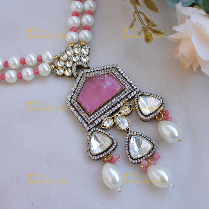 Exclusive unique pink stone pendent Victorian AD haram with two layer pearl and pink beads chain - pink