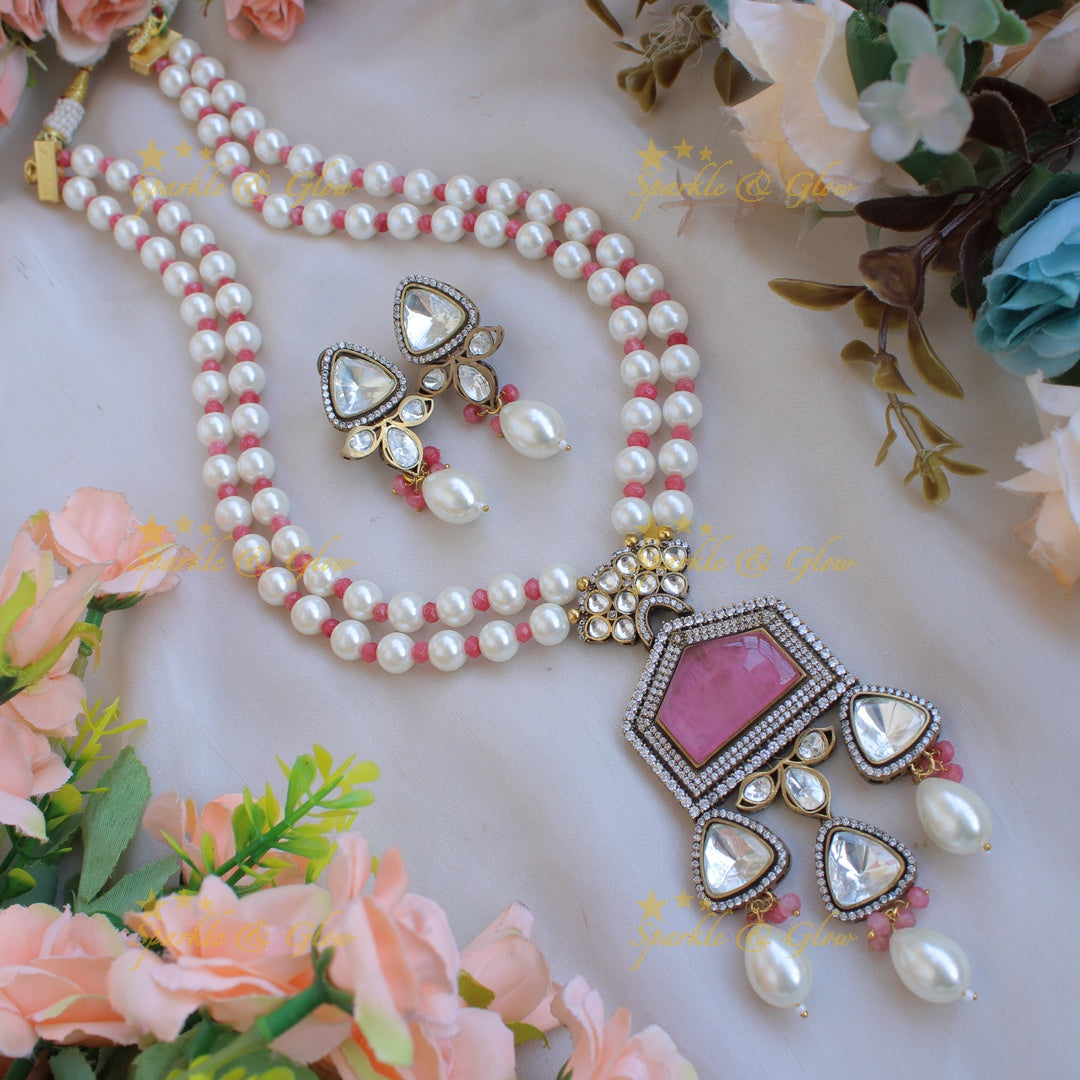 Exclusive unique pink stone pendent Victorian AD haram with two layer pearl and pink beads chain - pink