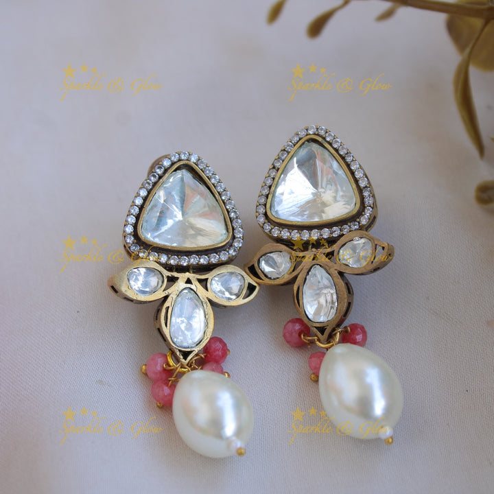 Exclusive unique pink stone pendent Victorian AD haram with two layer pearl and pink beads chain - pink