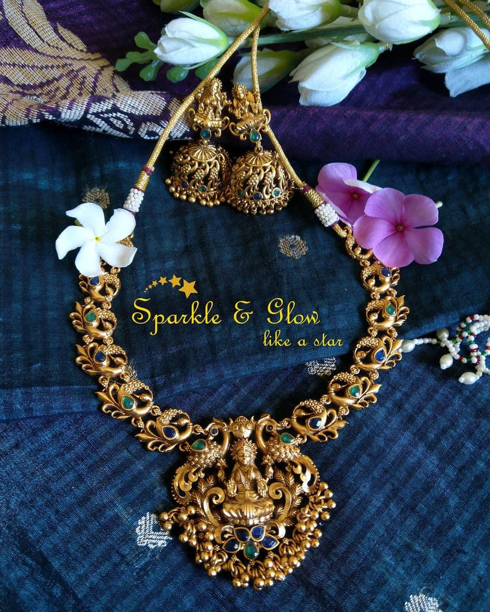 Lakshmi and peacock design temple necklace - Gold - Green - Sparkle and Glow