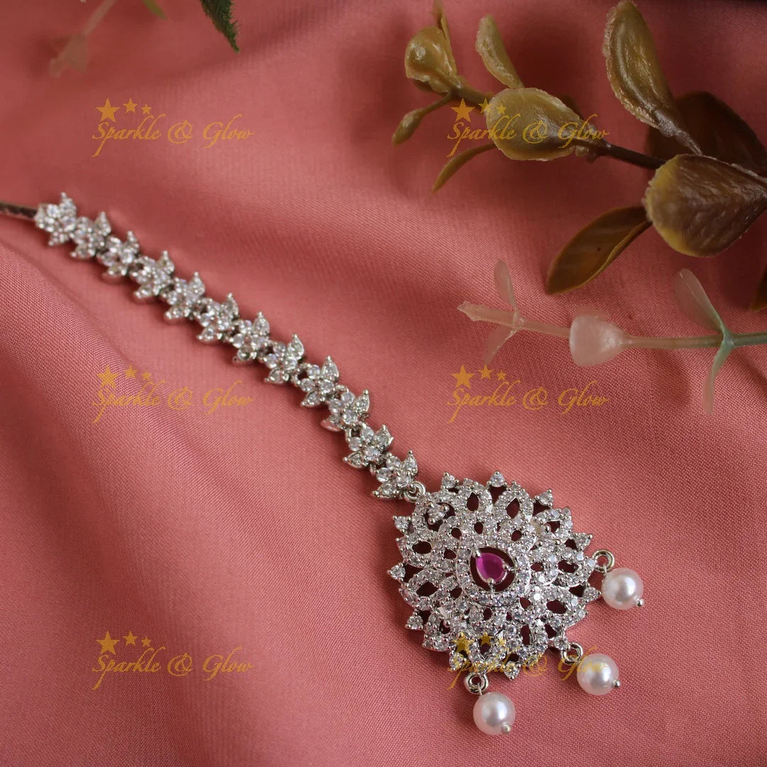 Silver Polish Maang Tikka with Pearls & Emerald
