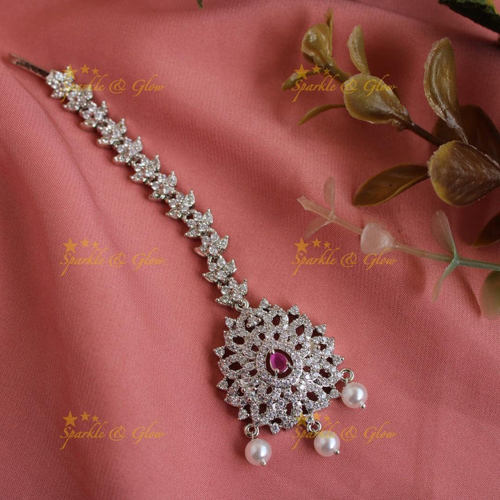 Silver Polish Maang Tikka with Pearls & Emerald