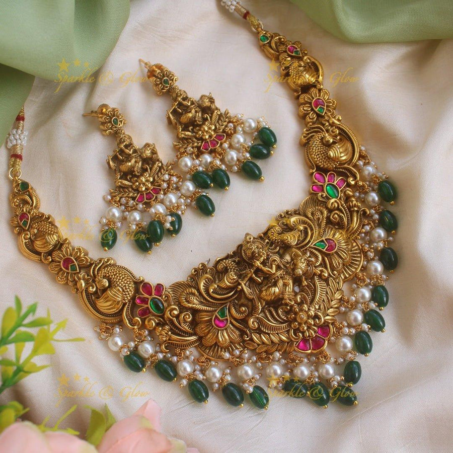 Exclusive Krishna playing flute Jadau short necklace with pearls and green beads - Sparkle and Glow