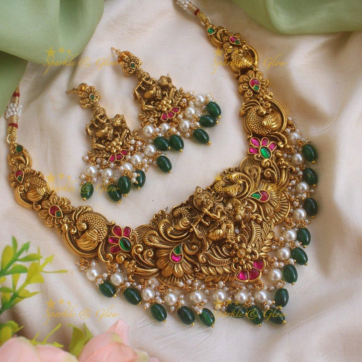 Exclusive Krishna playing flute Jadau short necklace with pearls and green beads - Sparkle and Glow