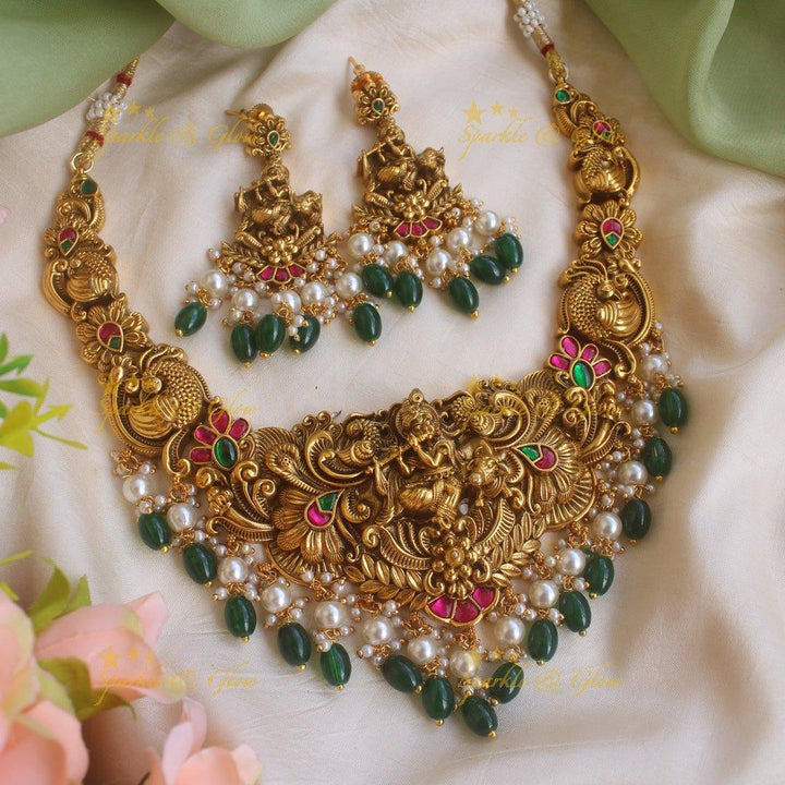 Exclusive Krishna playing flute Jadau short necklace with pearls and green beads - Sparkle and Glow