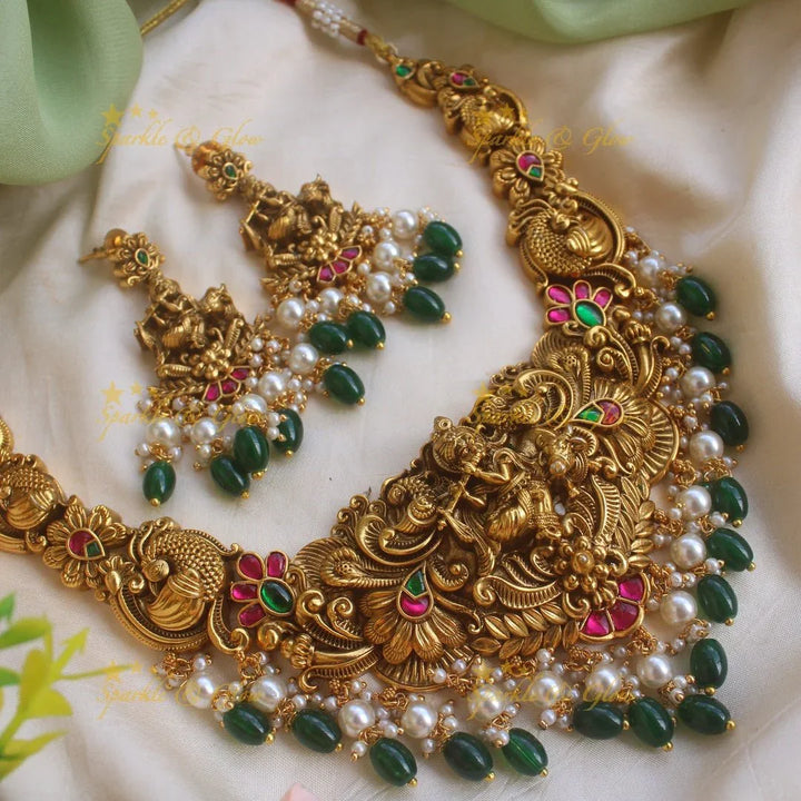 Exclusive Krishna playing flute Jadau short necklace with pearls and green beads - Sparkle and Glow
