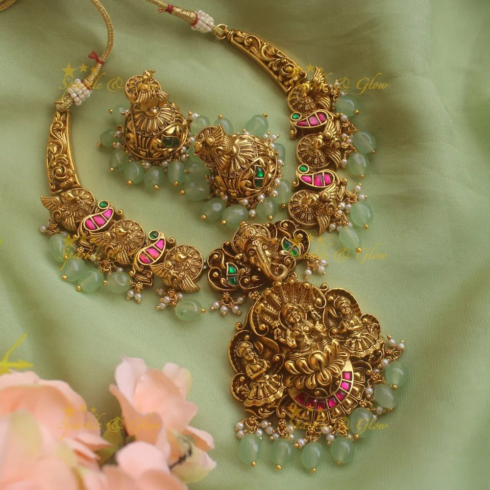 Beautiful Jadau Lakshmi Ganesh and peacock carved short necklace with gold beads - Sparkle and Glow