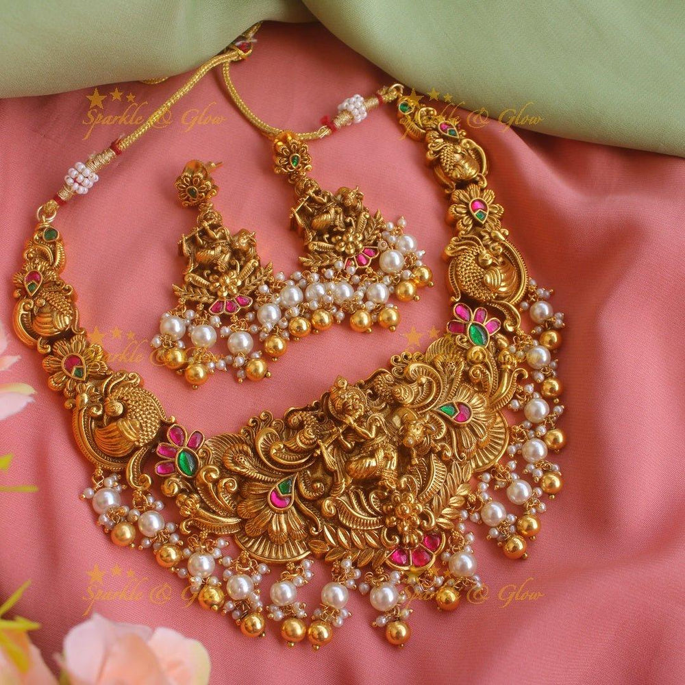 Exclusive Krishna playing flute Jadau short necklace with pearls and green beads - Sparkle and Glow