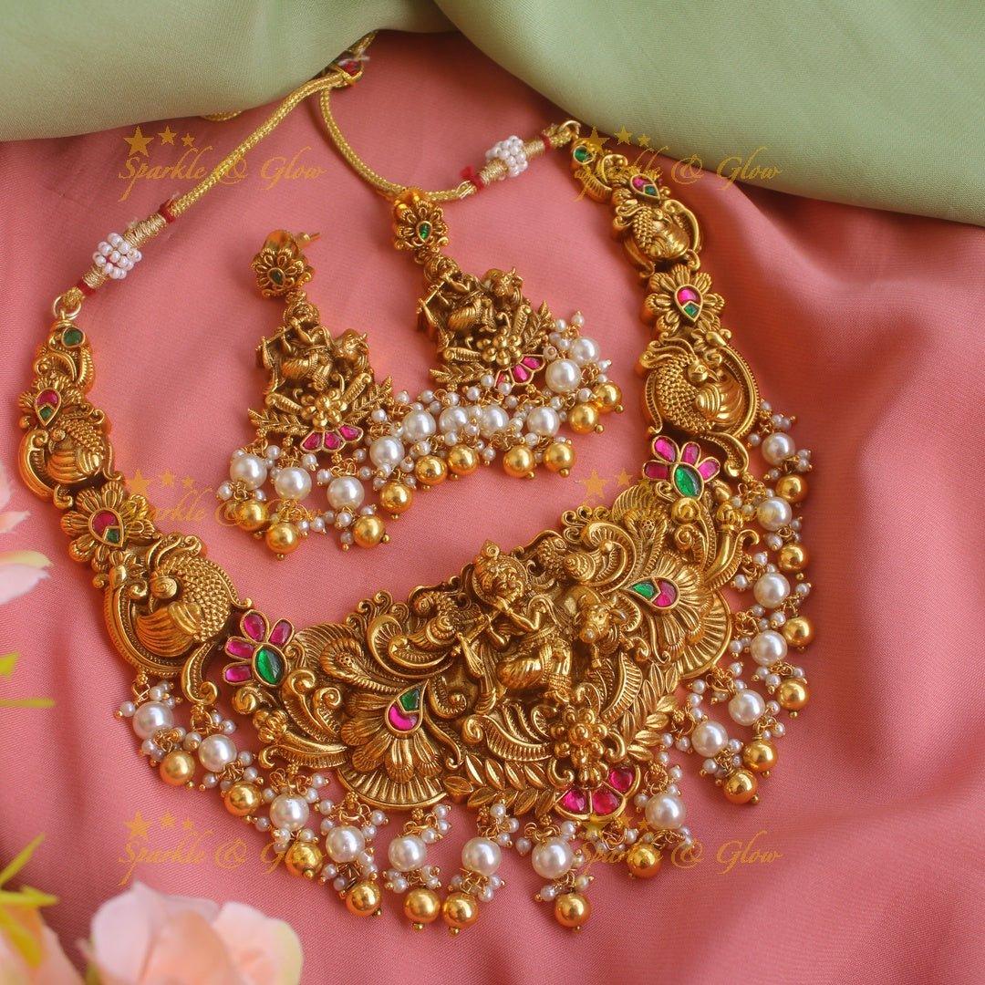 Exclusive Krishna playing flute Jadau short necklace with pearls and green beads - Sparkle and Glow