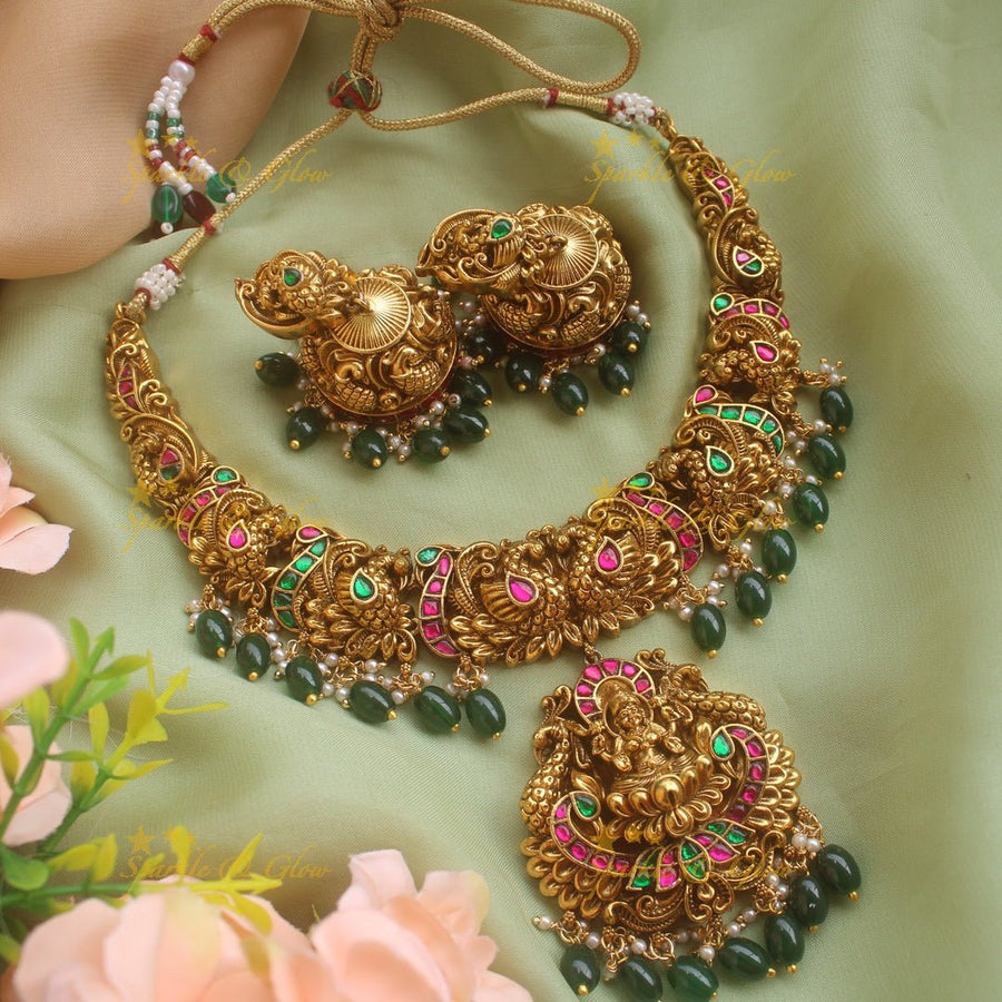 Gorgeous Lakshmi peacock carved short necklace with green beads - Sparkle and Glow - Green - Back Thread