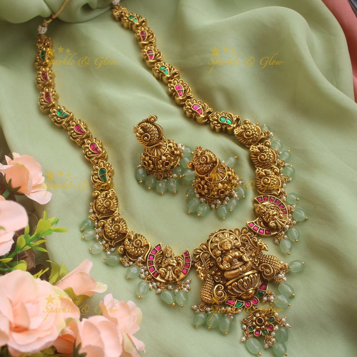 Exclusive Lakshmi peacock intricately carved Jadau long necklace with mint green beads - Sparkle and Glow - Mintgreen - Back Chain