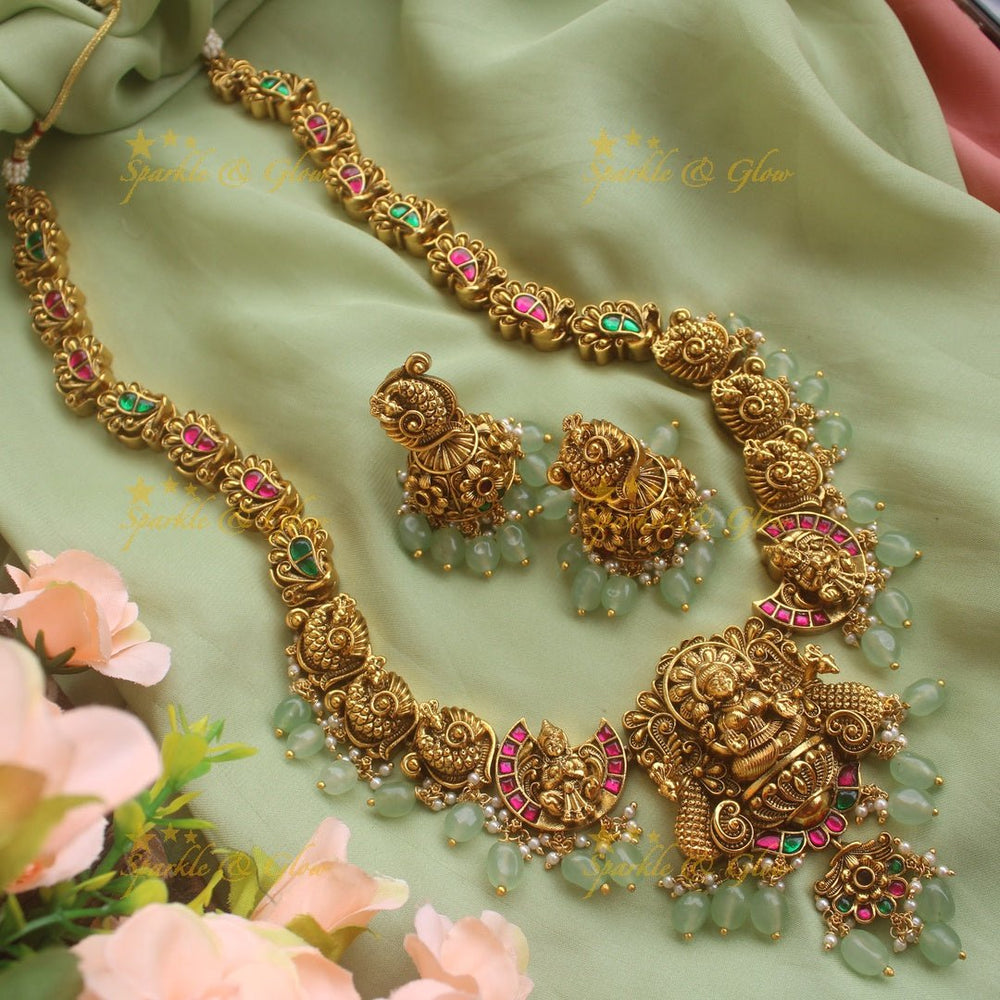 Exclusive Lakshmi peacock intricately carved Jadau long necklace with mint green beads - Sparkle and Glow - Green - Back Thread