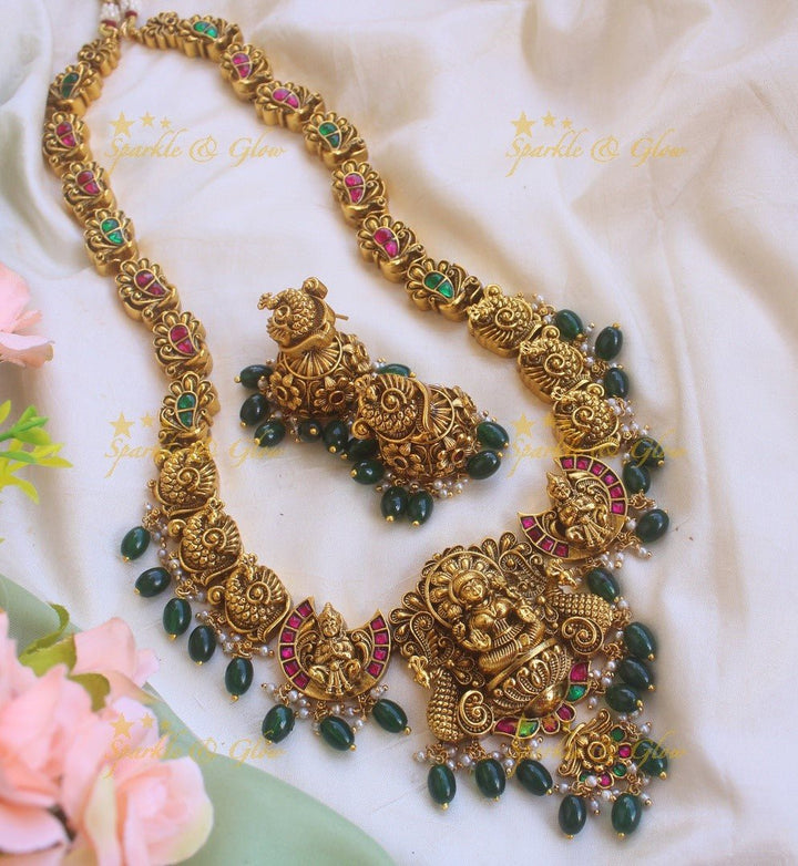 Exclusive Lakshmi peacock intricately carved Jadau long necklace with mint green beads - Sparkle and Glow - Green - Back Thread