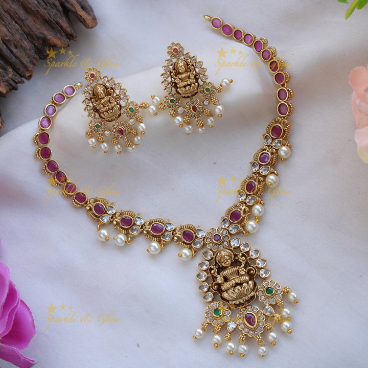 Elegant Lakshmi Floral short necklace with CZ stones ruby and pearls