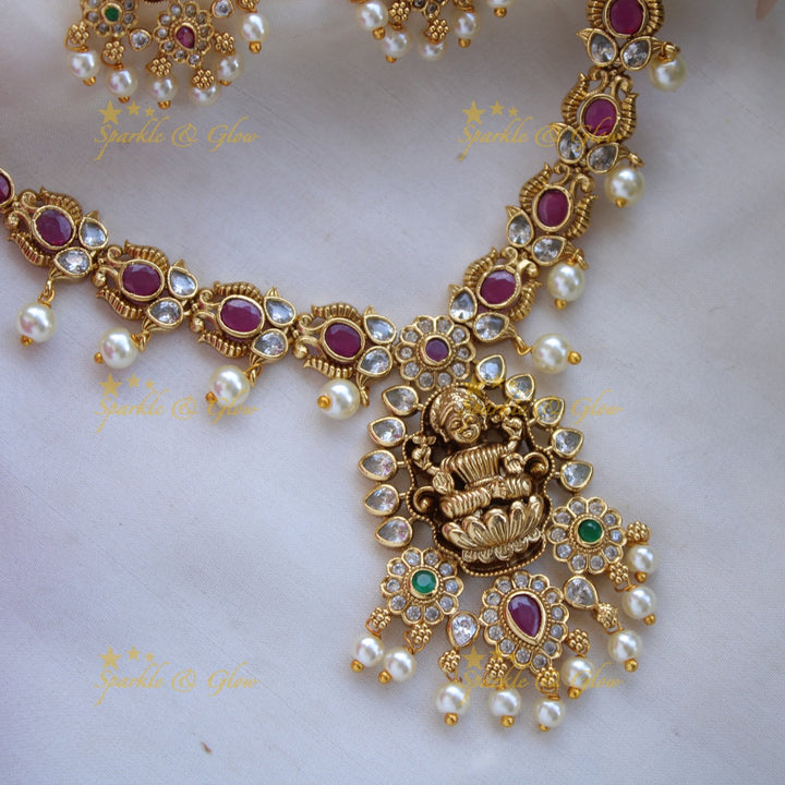 Elegant Lakshmi Floral short necklace with CZ stones ruby and pearls