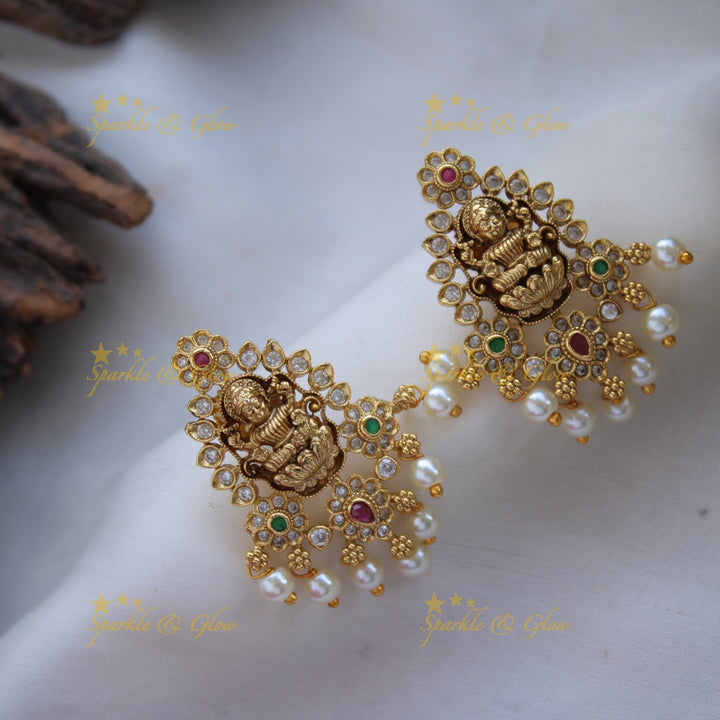 Elegant Lakshmi Floral short necklace with CZ stones ruby and pearls