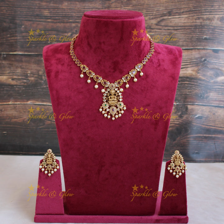 Elegant Lakshmi Floral short necklace with CZ stones ruby and pearls