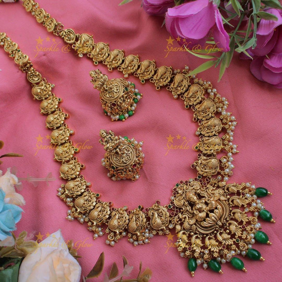 Grand exclusive Lakshmi peacock carved long necklace with stones and green beads - Sparkle and Glow