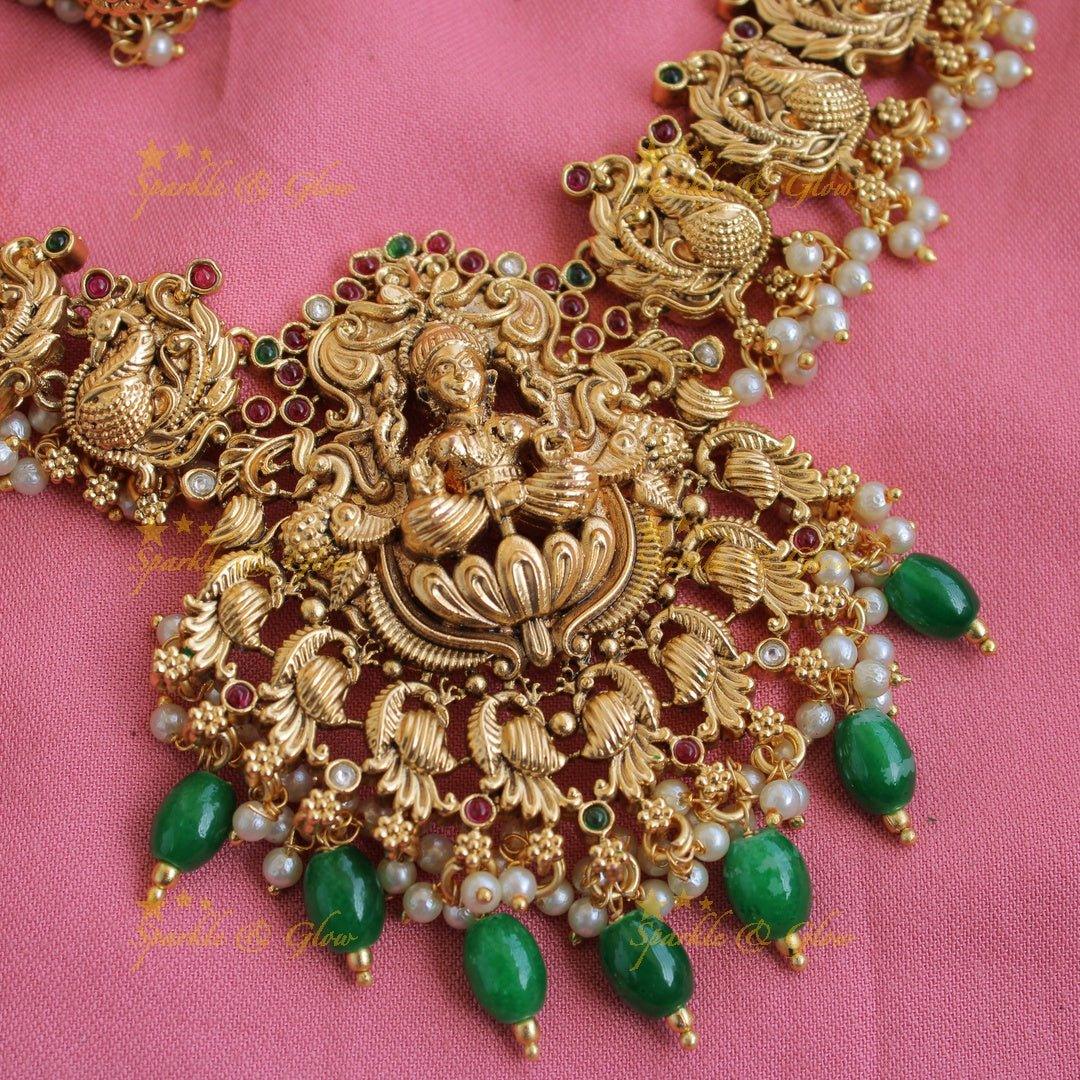 Exclusive Lakshmi Peacock Long Necklace with Green Beads