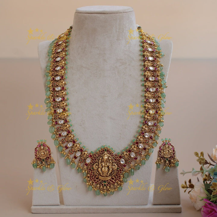 Exquisite Ganesha peacock carved kemp stone long necklace with white stones and mint green beads - Sparkle and Glow - Purple - Back Thread