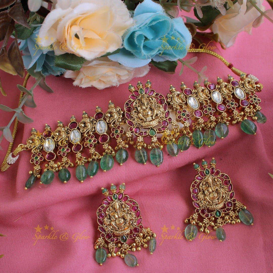 Elegant Ganesha peacock carved kemp stone choker with white stones and mint green beads - Sparkle and Glow
