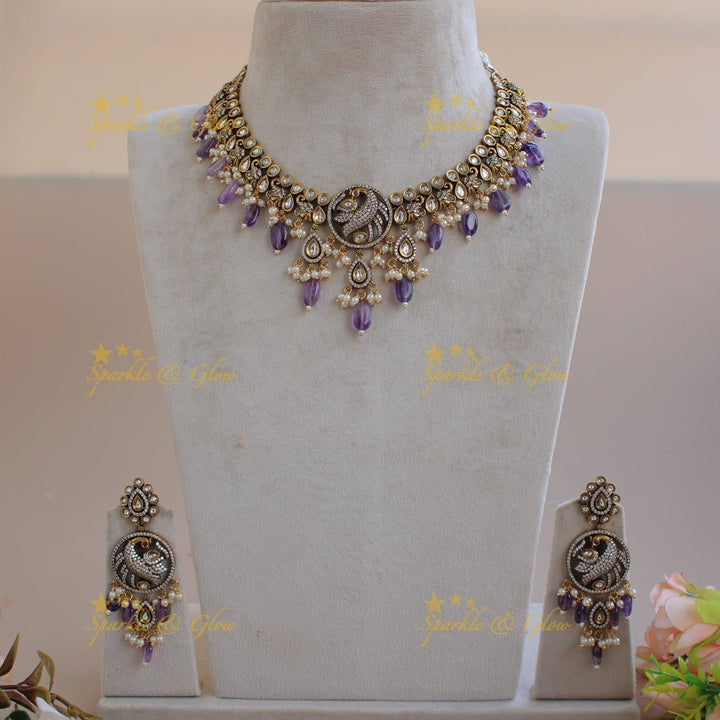 Elegant Peacock Elephant design victorian AD gutta pusalu short necklace with purple beads - Sparkle and Glow - Purple - Back Thread