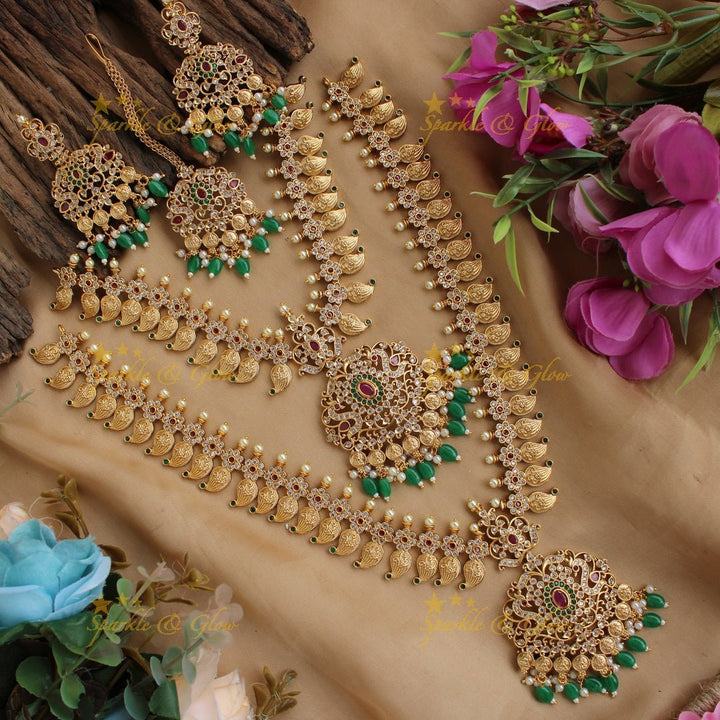 Beautiful Premium Matt mango floral Necklace set with maang tikka and CZ stones pearls Green beads - Sparkle and Glow - Green - Back Thread
