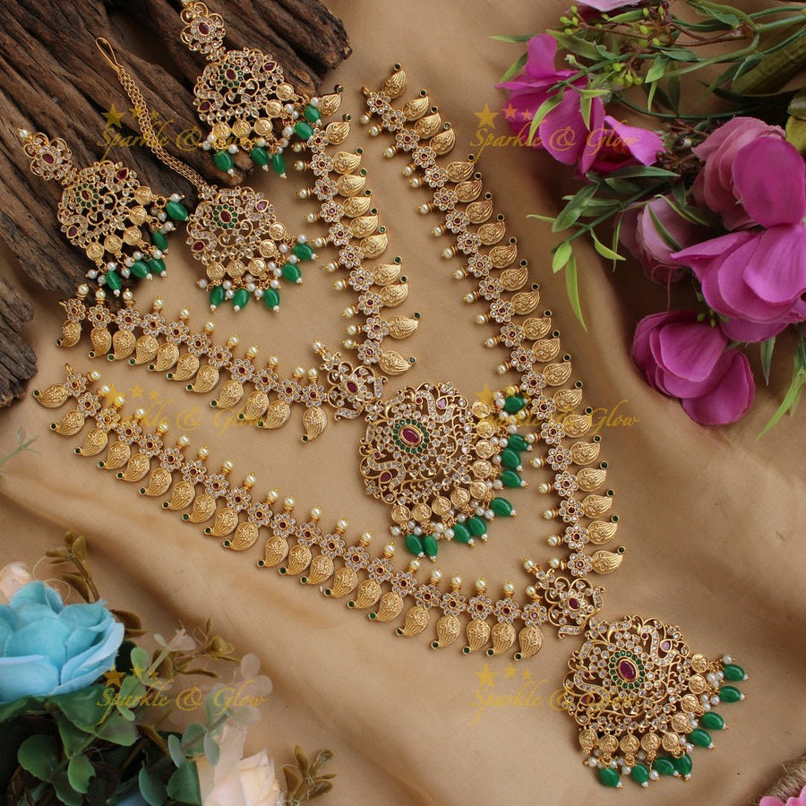Beautiful Premium Matt mango floral Necklace set with maang tikka and CZ stones pearls Green beads - Sparkle and Glow - Green - Back Thread