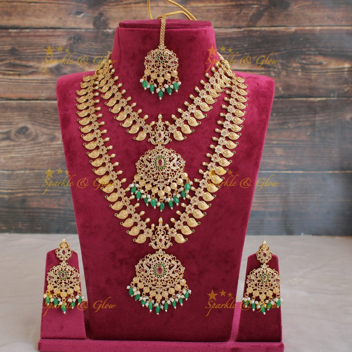 Beautiful Premium Matt mango floral Necklace set with maang tikka and CZ stones pearls Green beads - Sparkle and Glow - Green - Back Thread