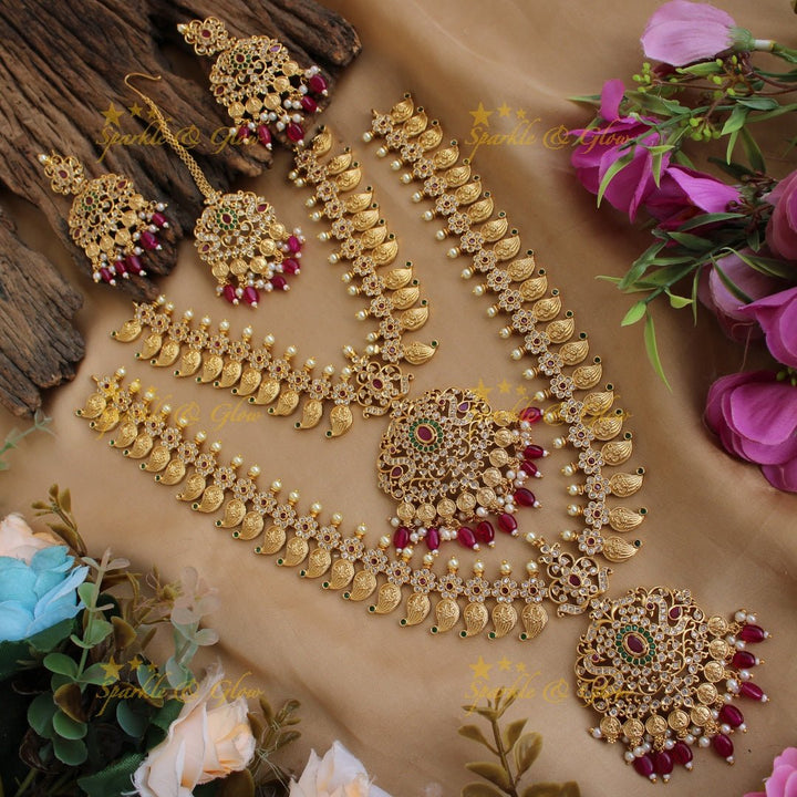 Beautiful Premium Matt mango floral Necklace set with maang tikka and CZ stones pearls Green beads - Sparkle and Glow - Red - Back Chain