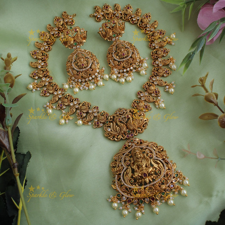 Statement Lakshmi peacock carved short necklace with CZ stones ruby emerald and pearls