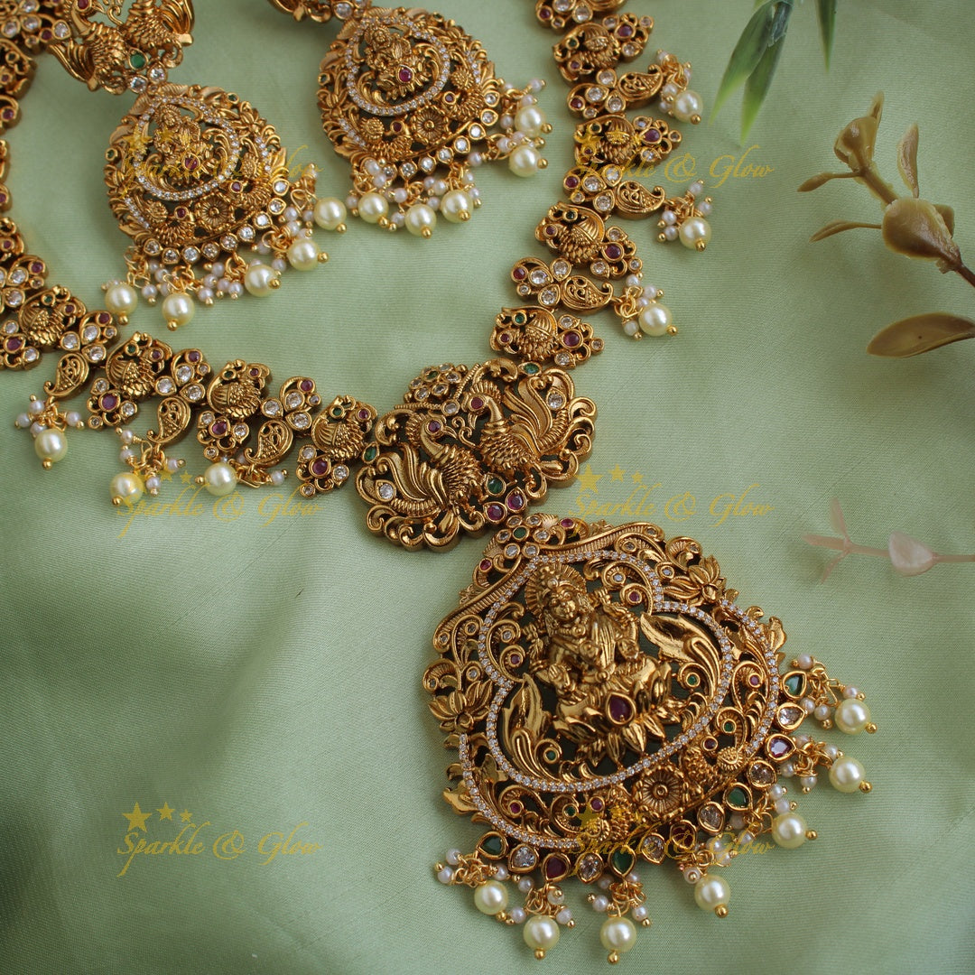 Statement Lakshmi peacock carved short necklace with CZ stones ruby emerald and pearls