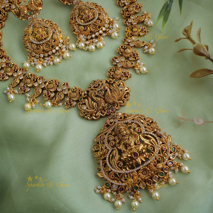 Statement Lakshmi peacock carved short necklace with CZ stones ruby emerald and pearls