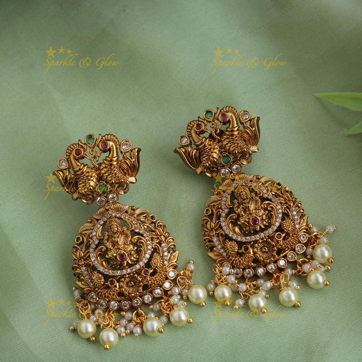 Statement Lakshmi peacock carved short necklace with CZ stones ruby emerald and pearls