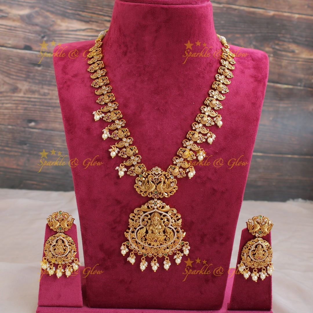Statement Lakshmi peacock carved short necklace with CZ stones ruby emerald and pearls