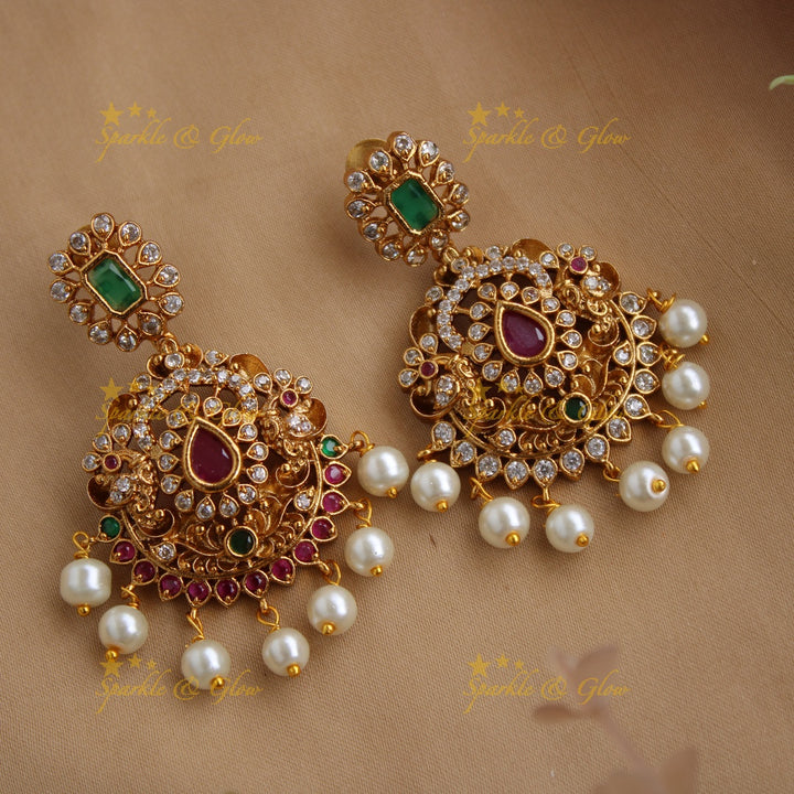 Elegant Premium Matt peacock floral design long Necklace with CZ stones pearls ruby and emerald