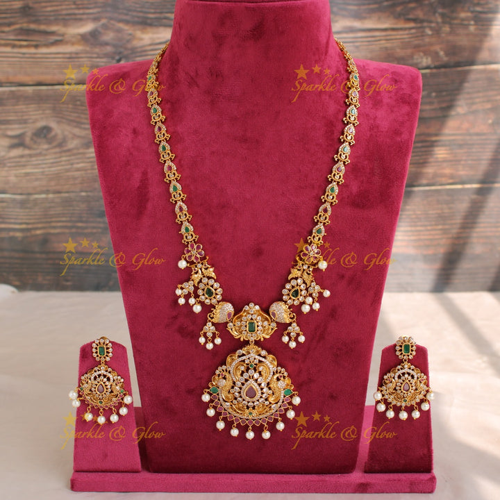 Elegant Premium Matt peacock floral design long Necklace with CZ stones pearls ruby and emerald