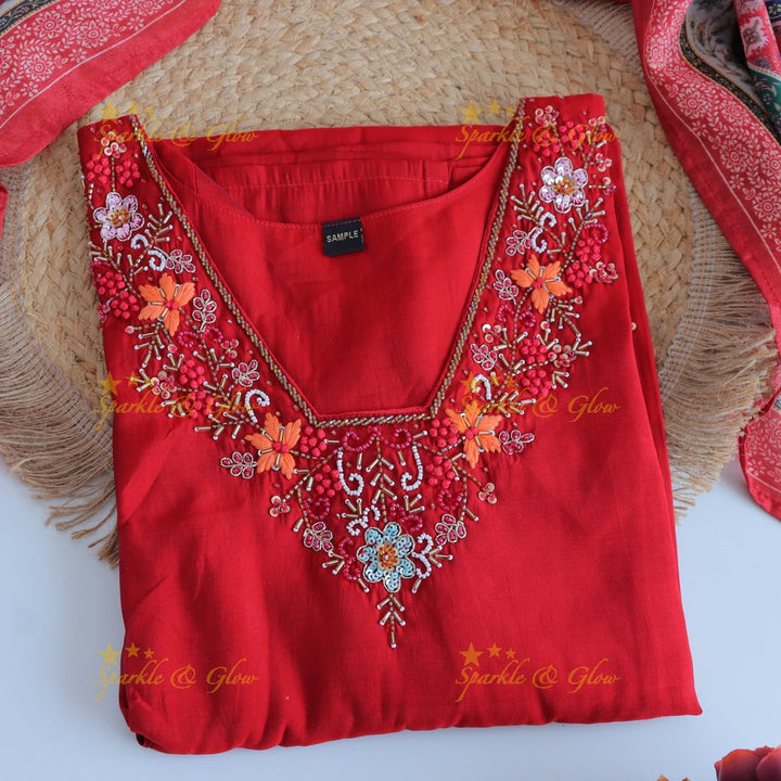 Stunning Modal Silk Kurti pant with digital Print Dupatta set- Red