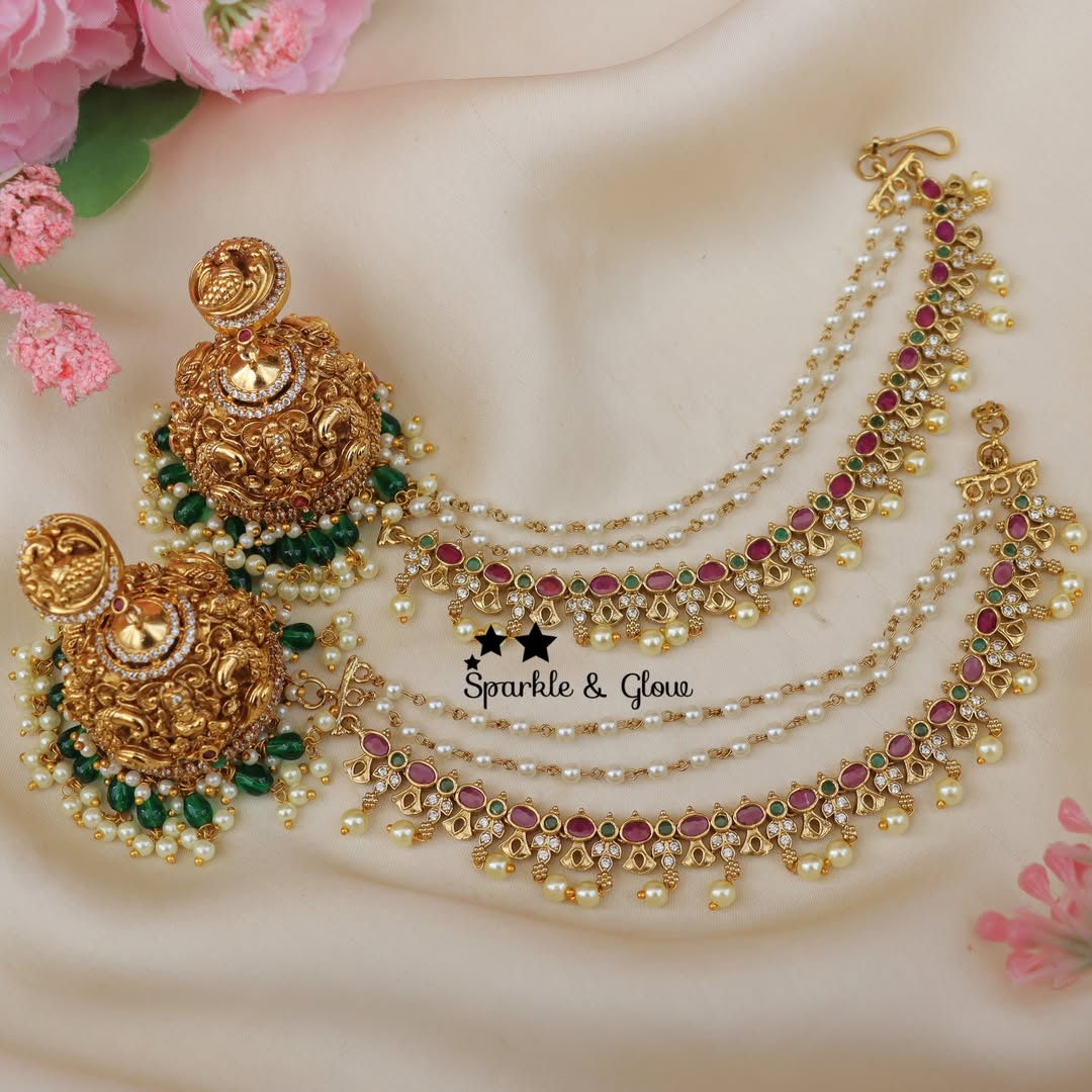 Exquisite Kemp Lakshmi Earrings & Earchain Set