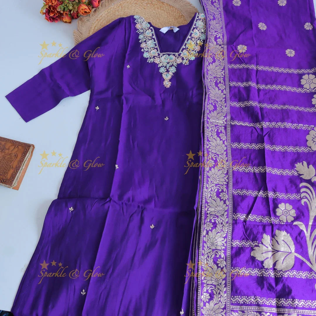 Gorgeous Roman Silk Kurti pant with Banarasi jacquard Dupatta set- Purple - Sparkle and Glow