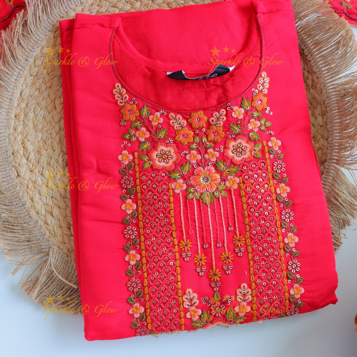 Beautiful Modal Silk Kurti pant with Organza Dupatta set- Pink