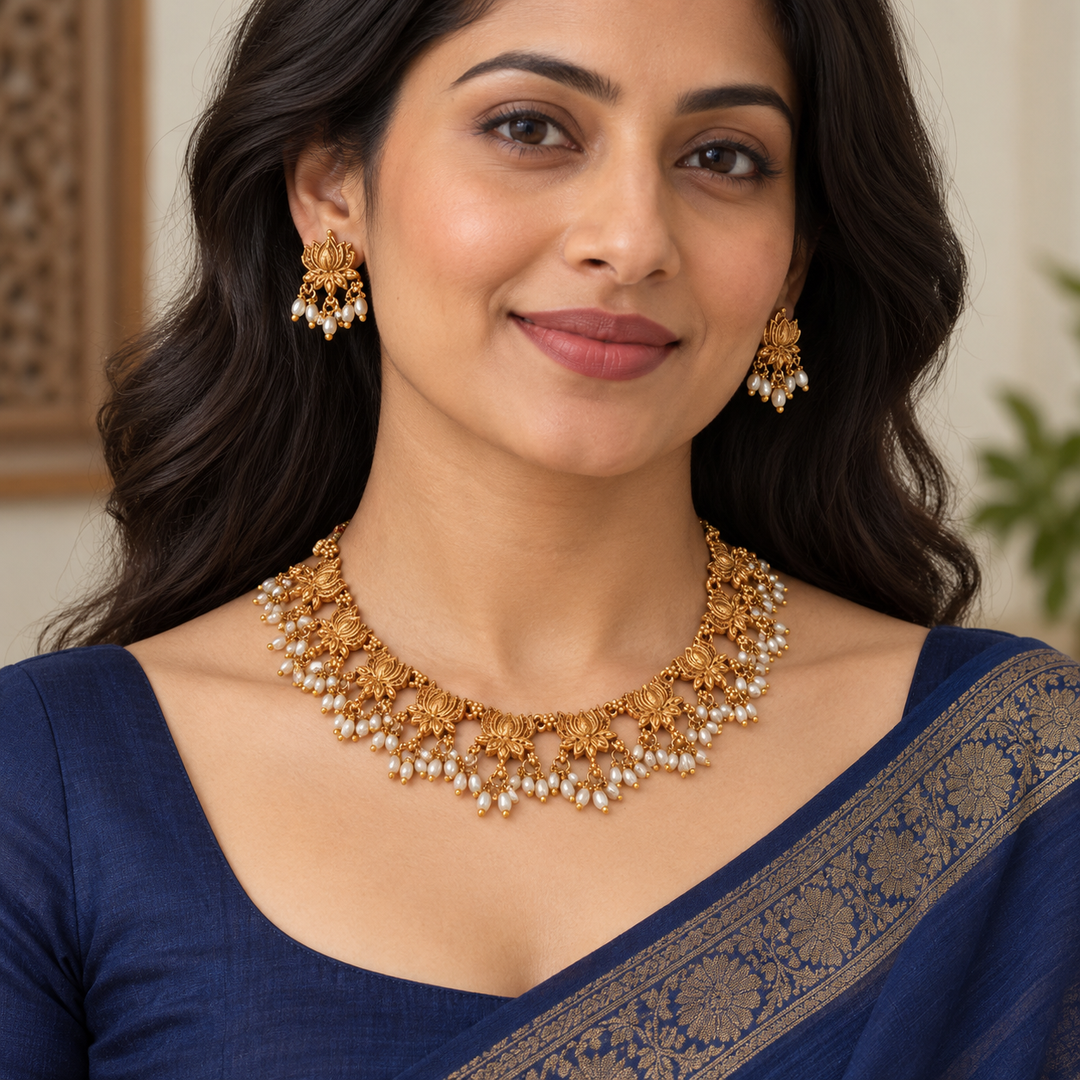 Elegant Gold & Pearl Short Necklace for Festive Occasions